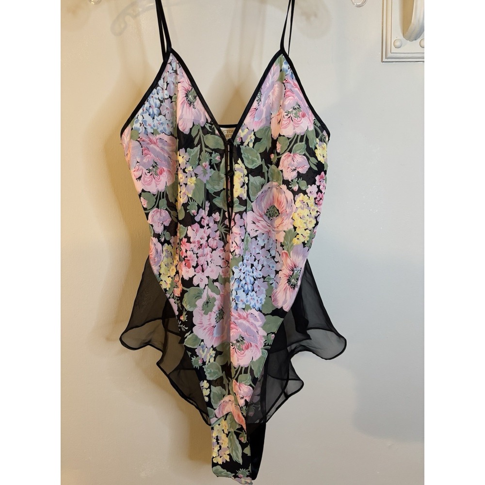 VTG VICTORIA'S SECRET Black‎ Pink Floral Chiffon Teddy M Gole Label Sexy